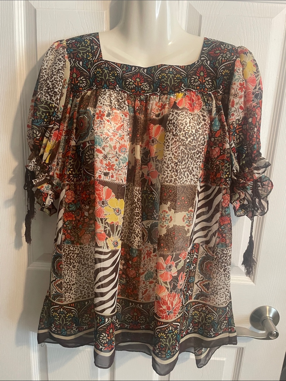 Dressbarn Bohemian Patchwork Floral Peasant Top - Multicolor